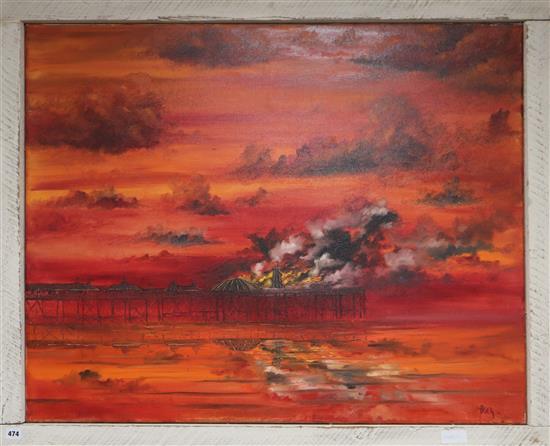 Danny Ager (20th C), oil on canvas, The West Pier ablaze, signed and dated 06, 81 x 101cm